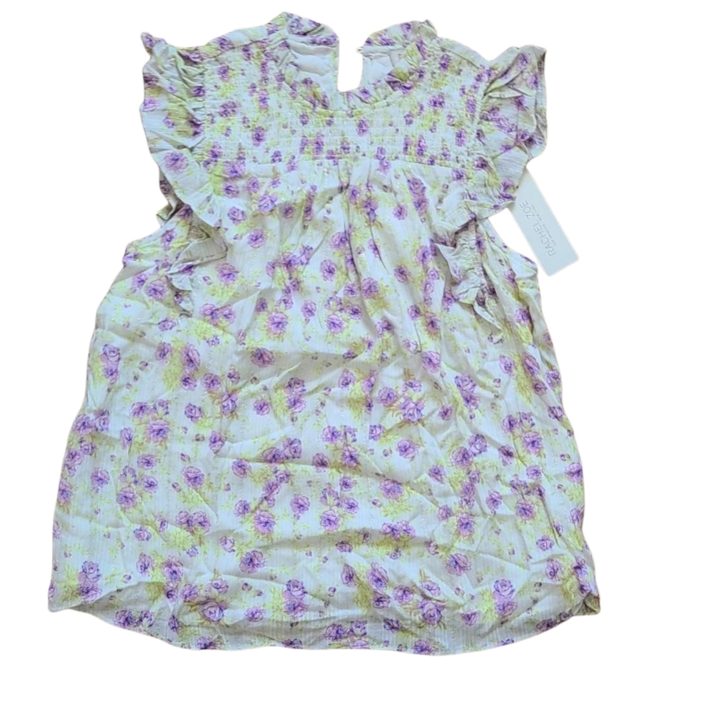 RACHEL ZOE SMOCKED FLORAL RUFFLE FLUTTER SLEEVE BLOUSE  - SMALL